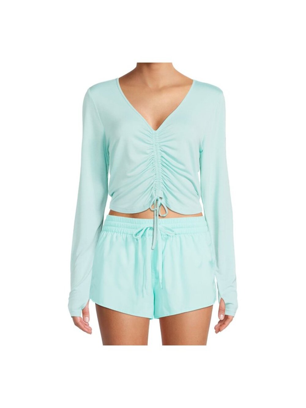 PSK Collective Womens Shirring Thumbhole LS Top Size XXL Green Cropped NWT